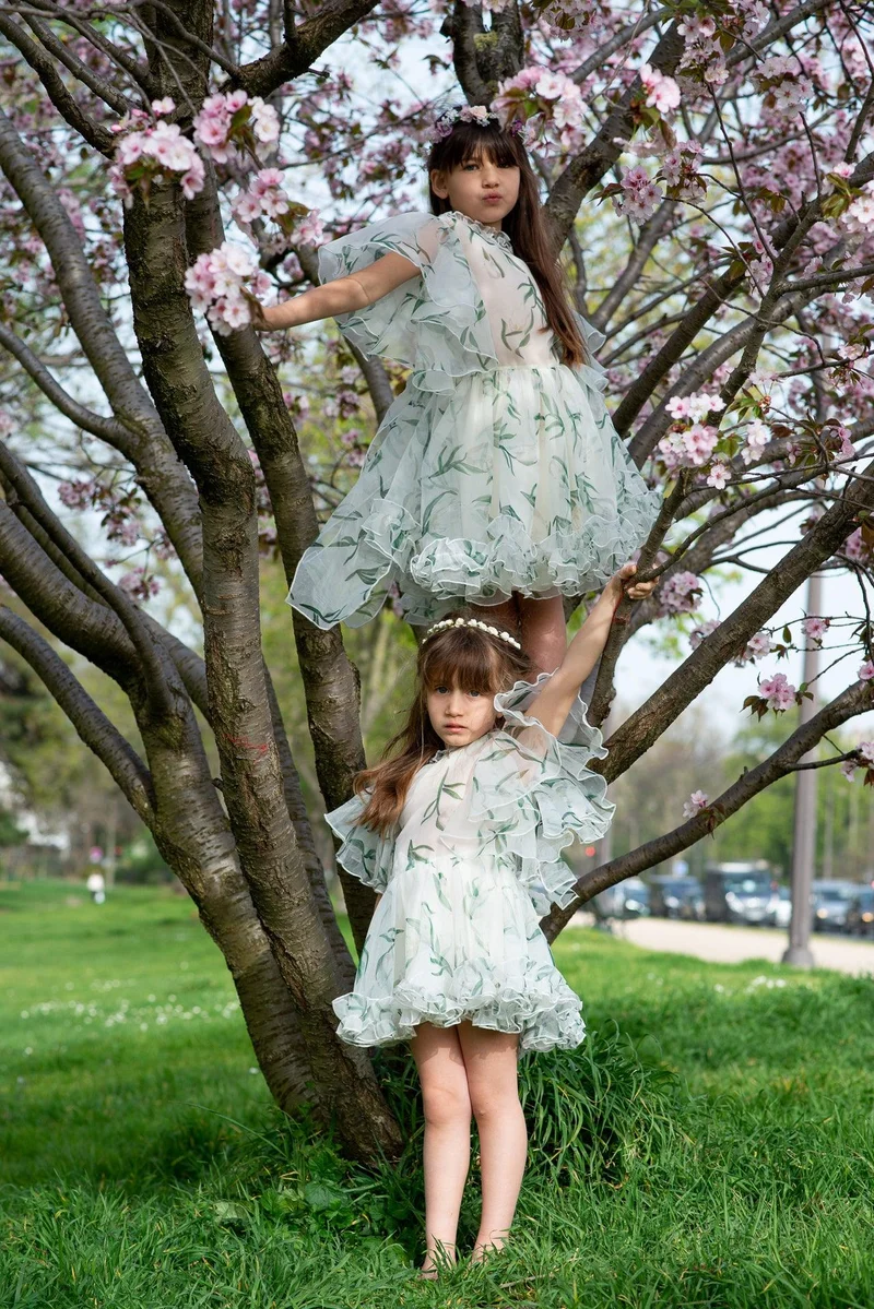 Robe longue en mousseline de soie à imprimés fleurs vertes