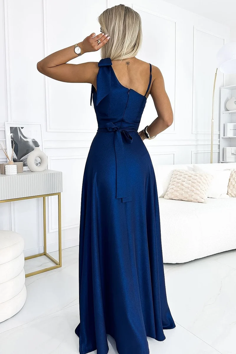 Robe de soirée élégante bleue longue fendue