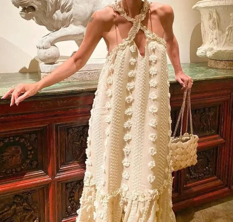 Robe été chic dos nu à fleurs 3D