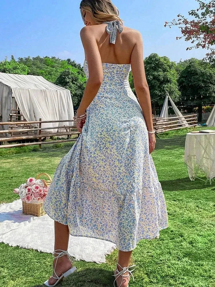Robe été dos nu midi fleurie bohème