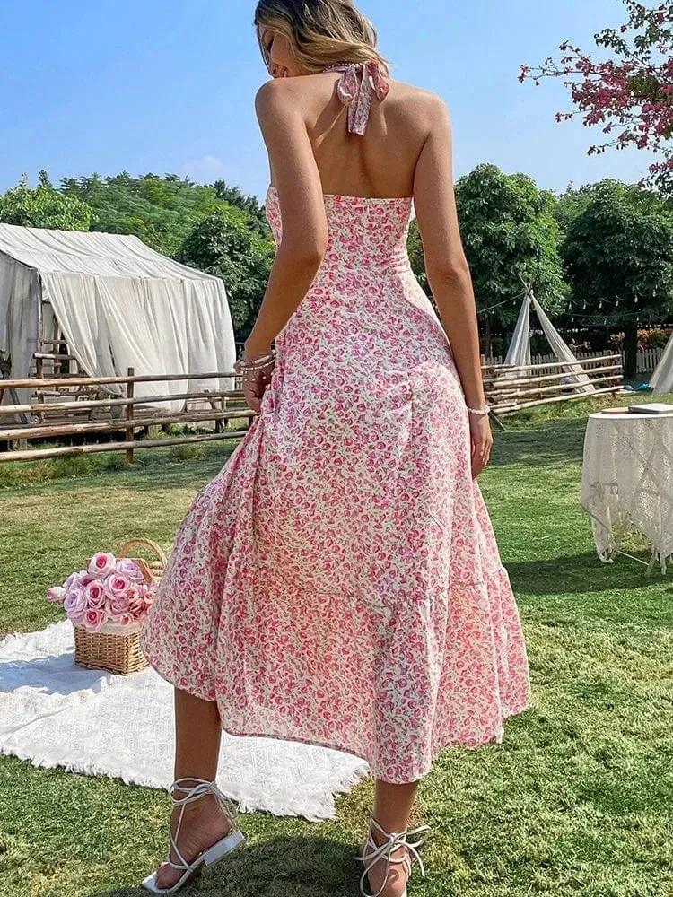 Robe été dos nu midi fleurie bohème