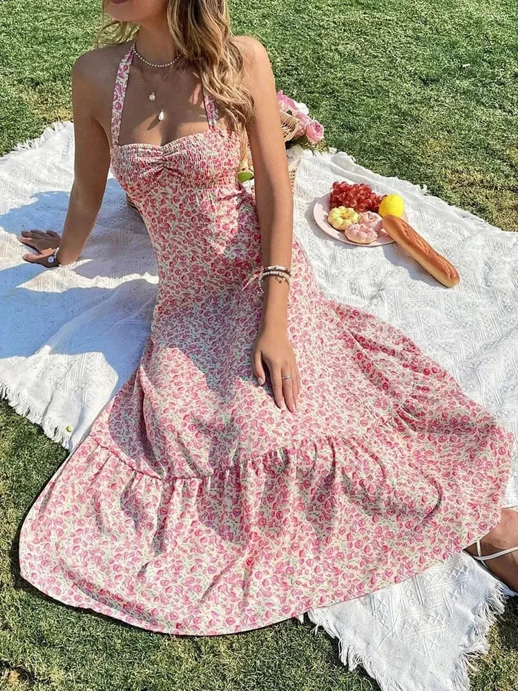 Robe été dos nu midi fleurie bohème