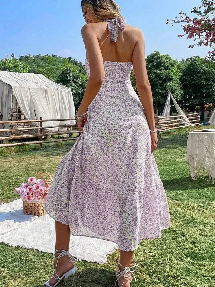 Robe été dos nu midi fleurie bohème