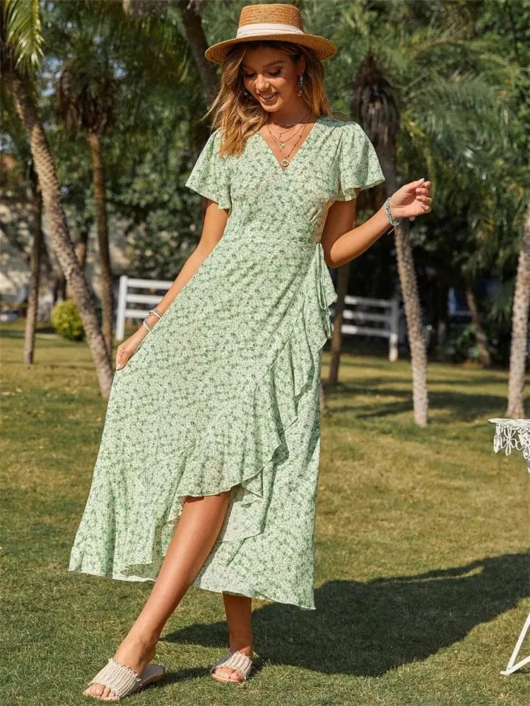 Robe champêtre fleurie été asymétrique