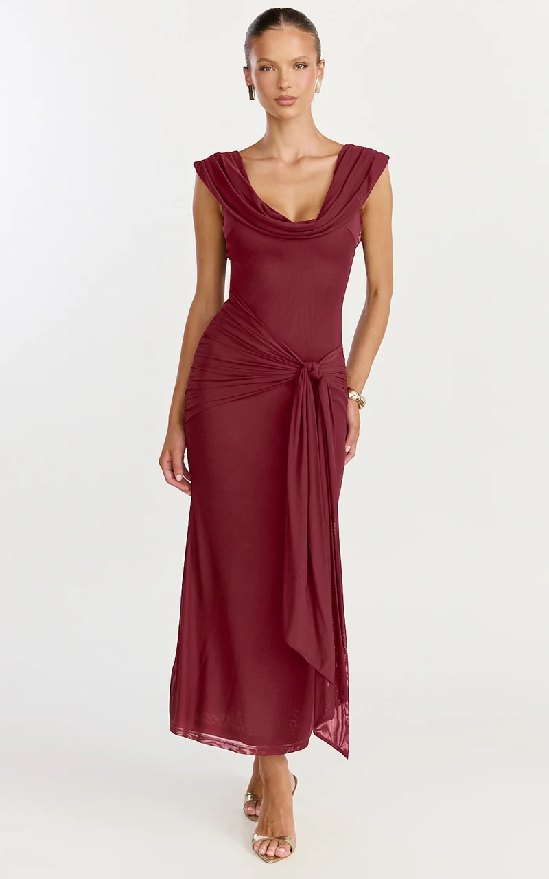 Zena Midi Dress - Cowl Neck Tie Detail Dress in Wine