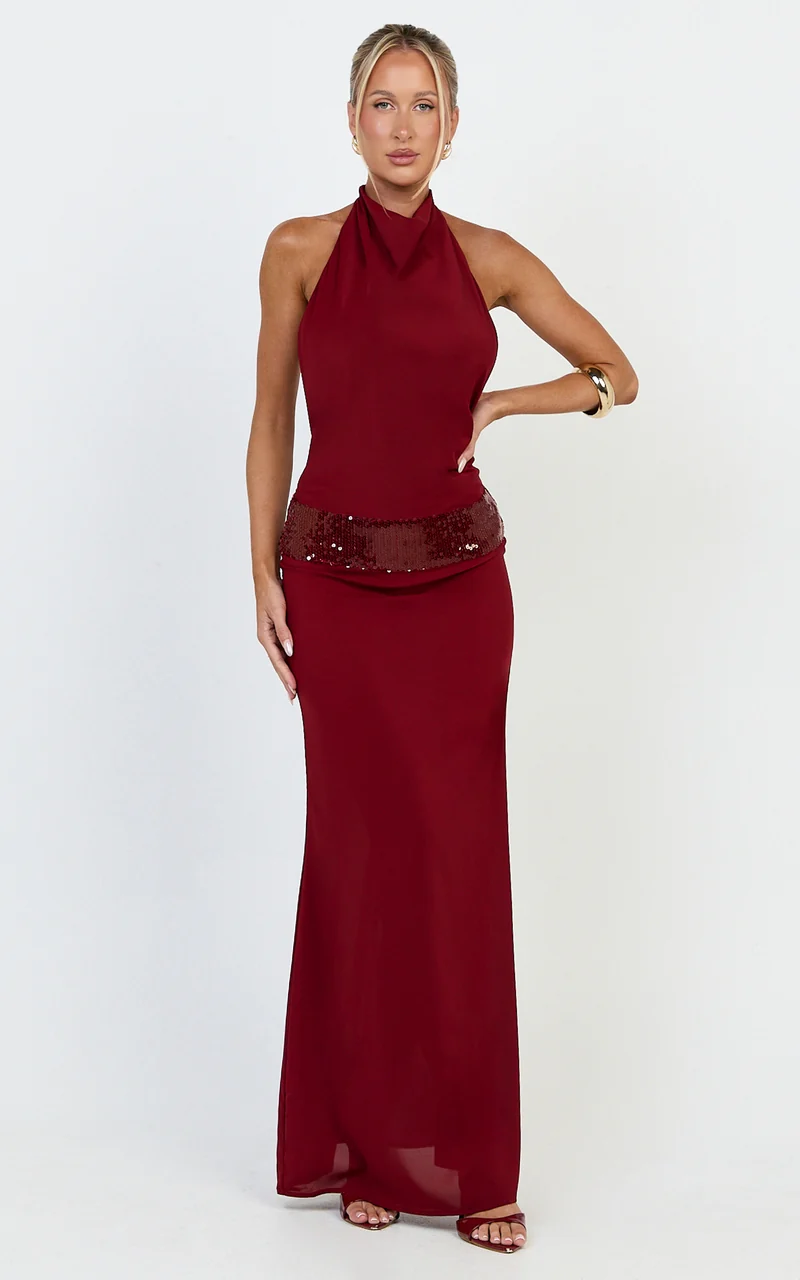 Evianne Maxi Dress - Backless Sequin Drop Waist Halter Dress in Wine