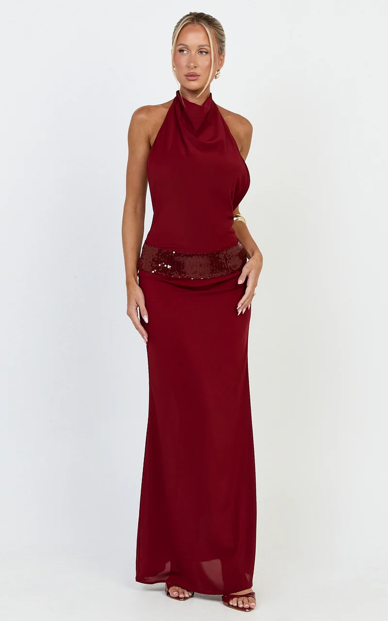 Evianne Maxi Dress - Backless Sequin Drop Waist Halter Dress in Wine
