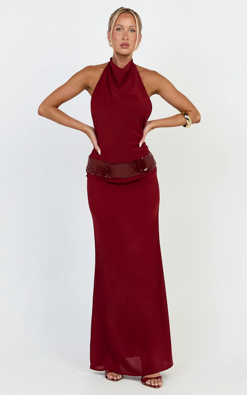 Evianne Maxi Dress - Backless Sequin Drop Waist Halter Dress in Wine