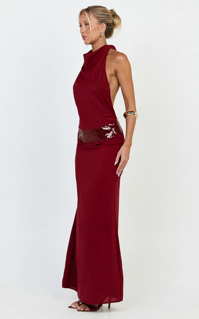 Evianne Maxi Dress - Backless Sequin Drop Waist Halter Dress in Wine