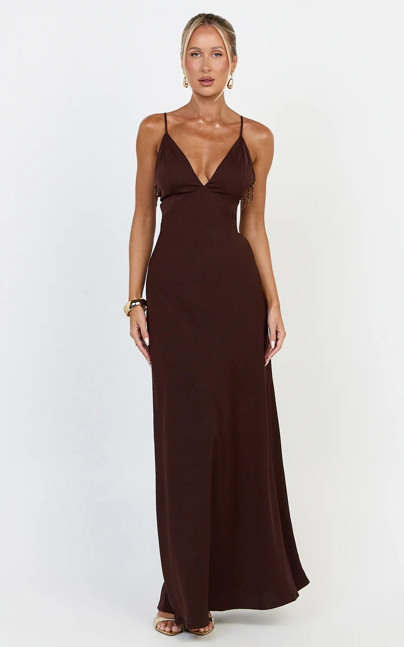 Azura Maxi Dress - Backless Beaded Trim Dress in Chocolate