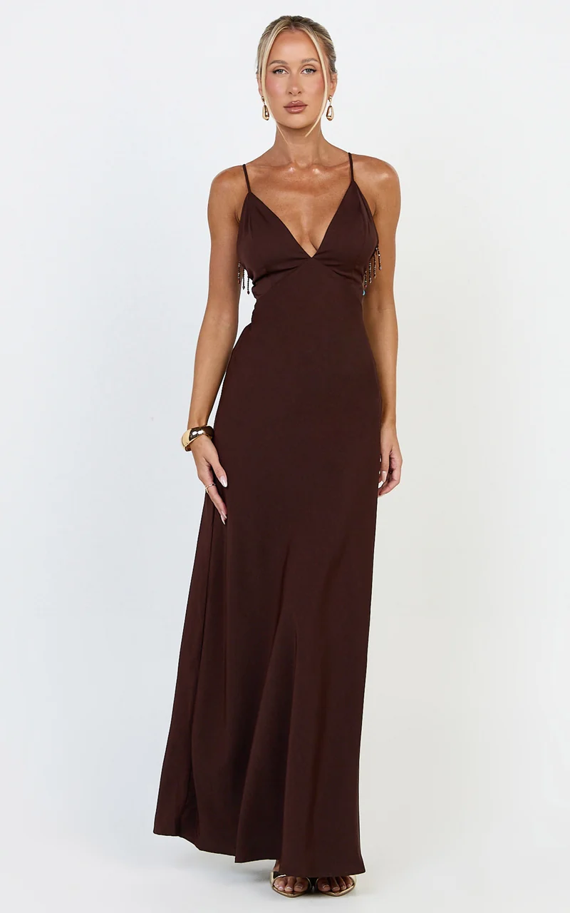 Azura Maxi Dress - Backless Beaded Trim Dress in Chocolate