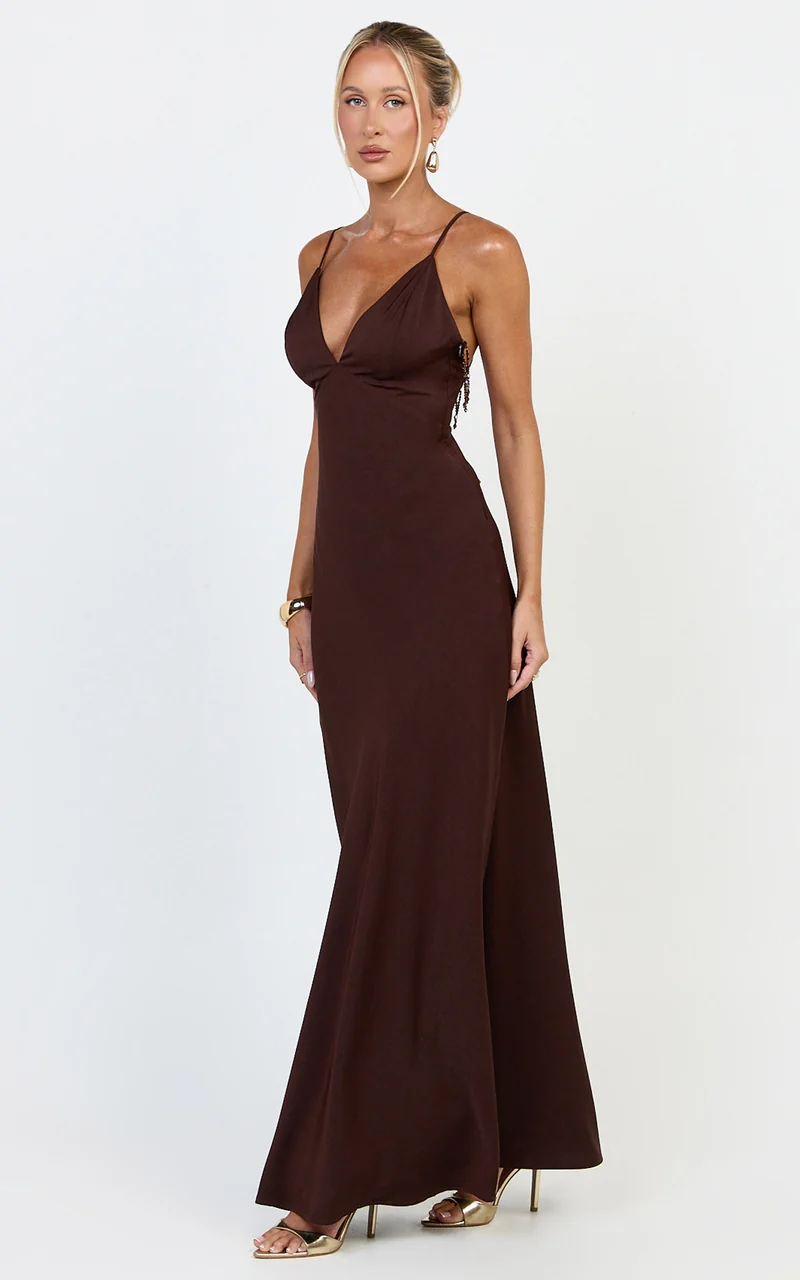 Azura Maxi Dress - Backless Beaded Trim Dress in Chocolate