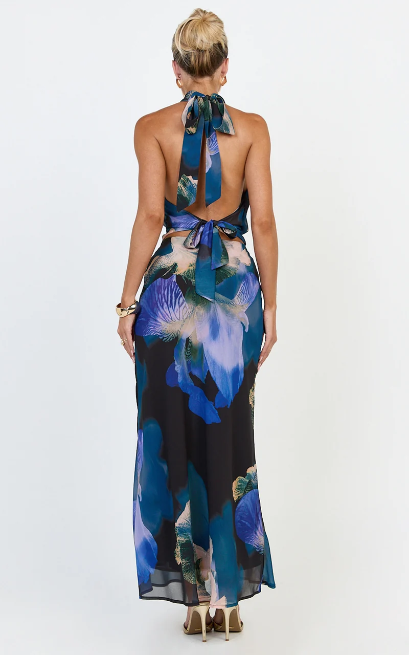 Nova Top - High Neck Georgette Top in Midnight Resort Orchid Print