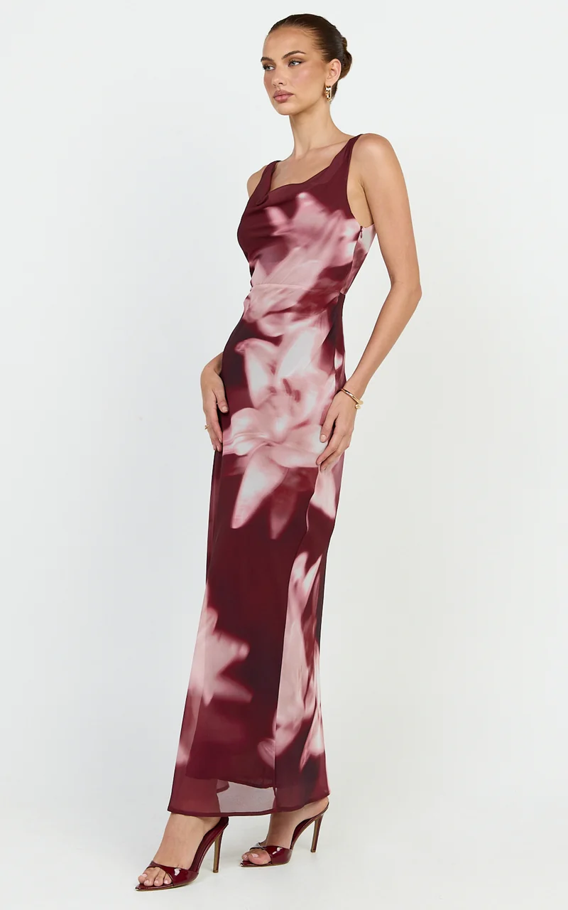 Myra Maxi Dress - Cowl Neck Scoop Back Slip Dress in Maroon Lily Print