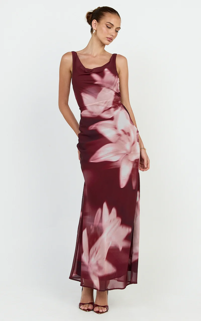 Myra Maxi Dress - Cowl Neck Scoop Back Slip Dress in Maroon Lily Print