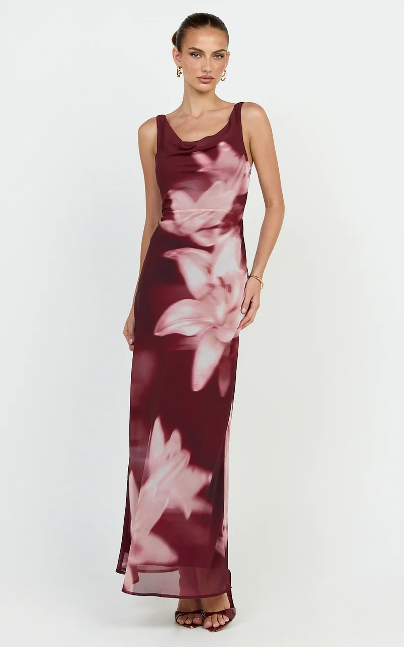 Myra Maxi Dress - Cowl Neck Scoop Back Slip Dress in Maroon Lily Print