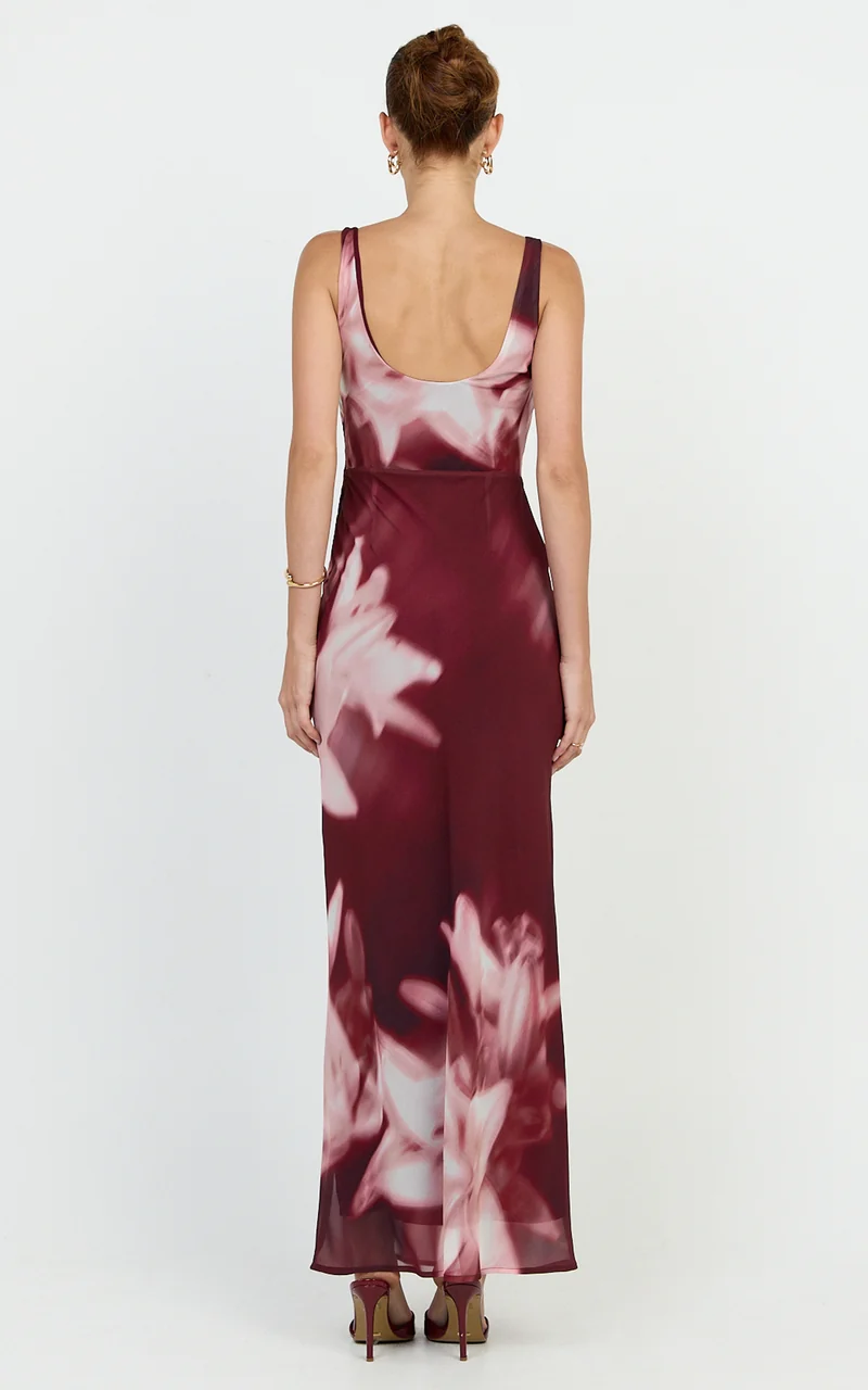 Myra Maxi Dress - Cowl Neck Scoop Back Slip Dress in Maroon Lily Print