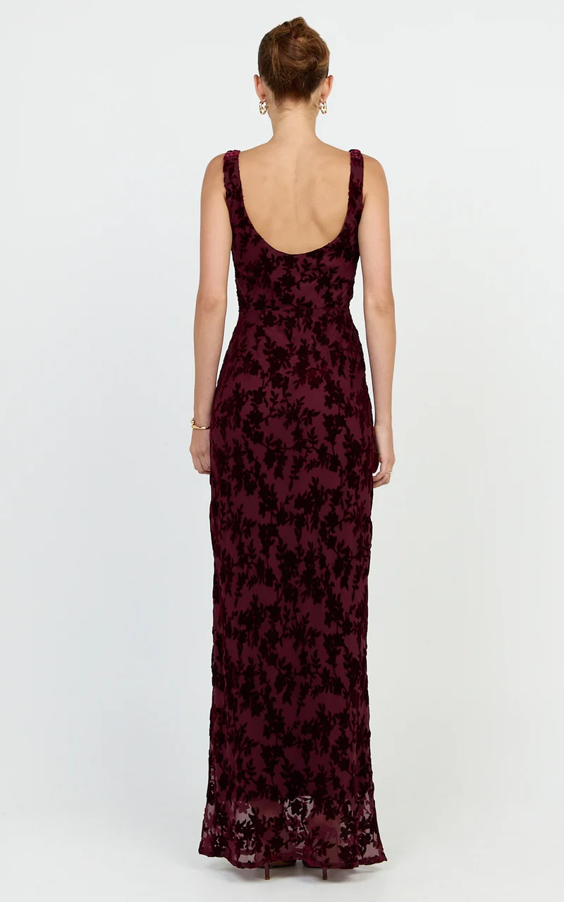 June Maxi Dress - Cowl Neck Scooped Back Slip Dress in Wine