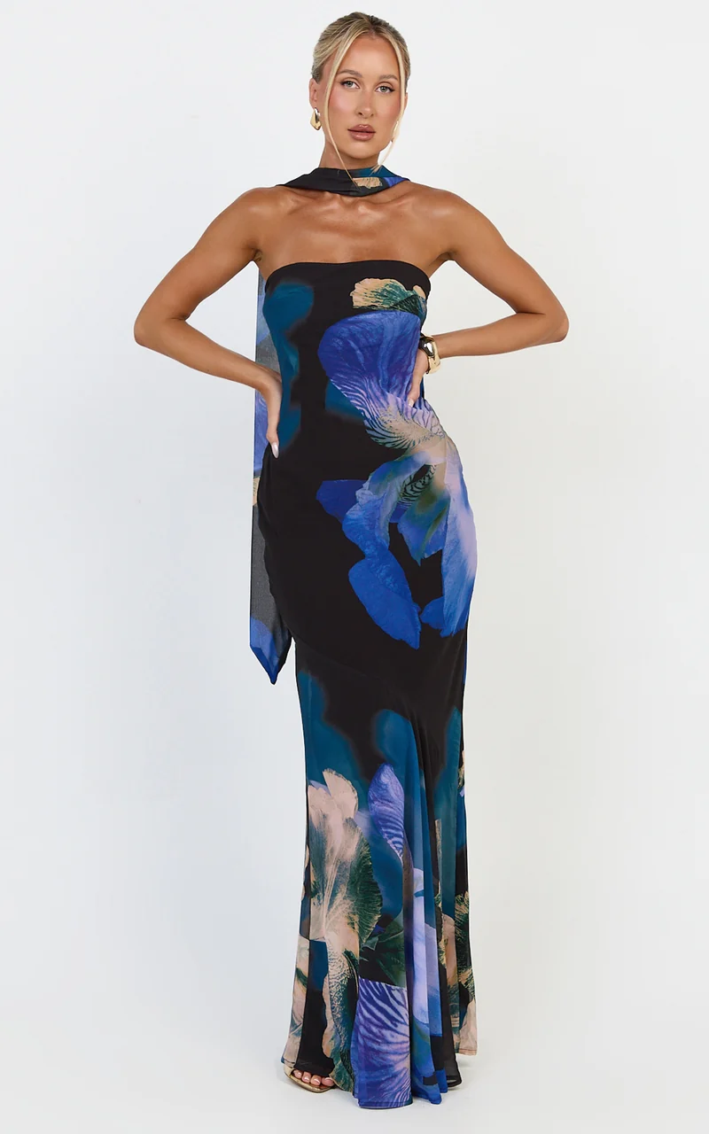 Solara Maxi Dress - Strapless Bias Column Dress With Scarf in Midnight Resort Orchid Print