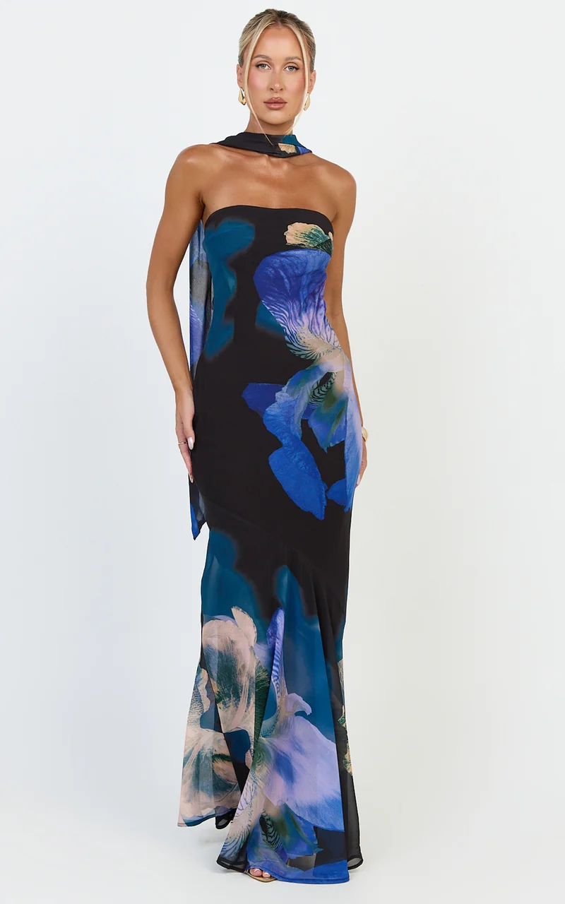 Solara Maxi Dress - Strapless Bias Column Dress With Scarf in Midnight Resort Orchid Print
