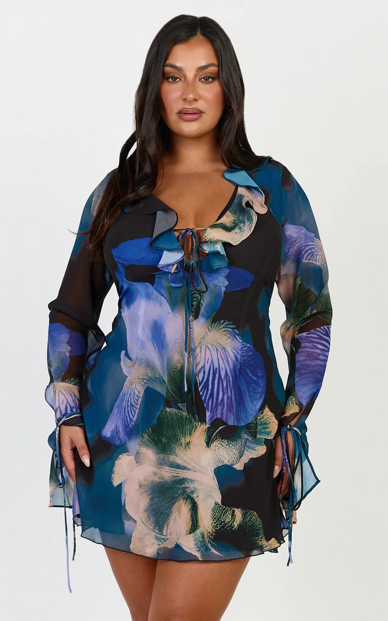 Solara Mini Dress - Long Sleeve Tie Front Dress in Midnight Resort Orchid Print