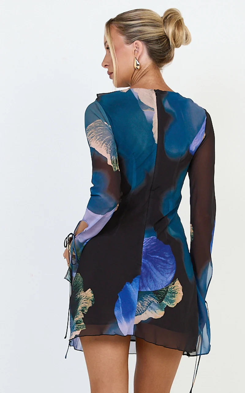 Solara Mini Dress - Long Sleeve Tie Front Dress in Midnight Resort Orchid Print