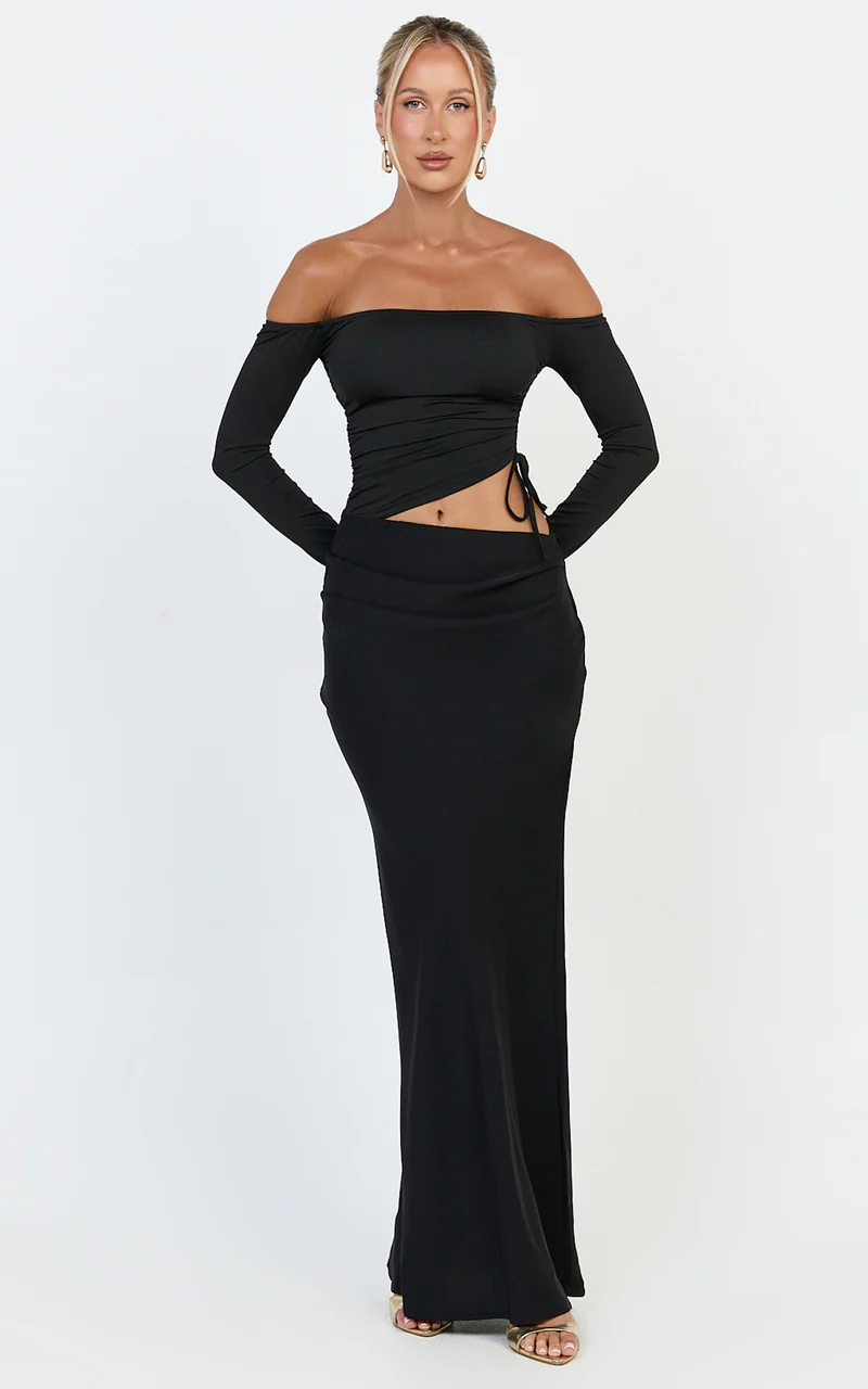 Tallulah Maxi Dress - Off Shoulder Long Sleeve Side Ruched Cut Out Dress in Black