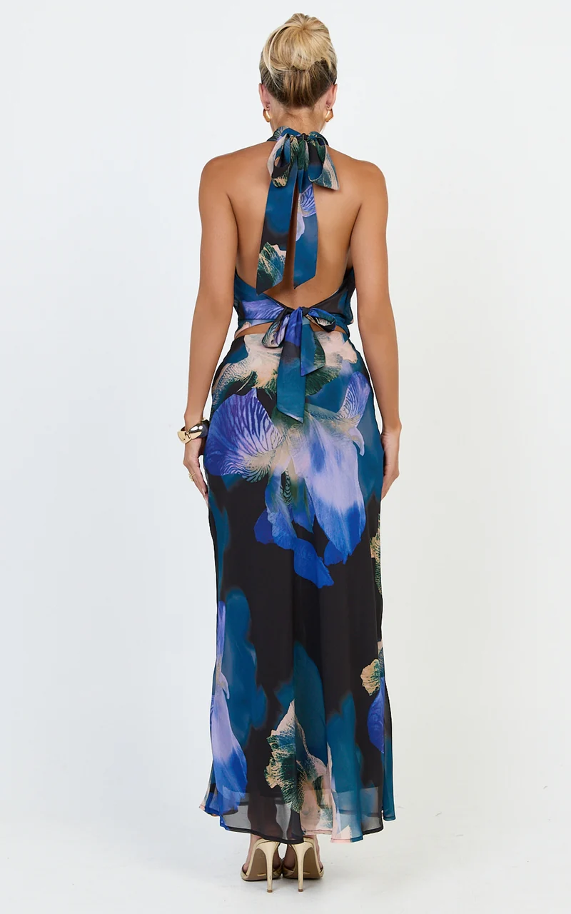 Solara Maxi Skirt - Bias Cut A Line Skirt in Midnight Resort Orchid Print
