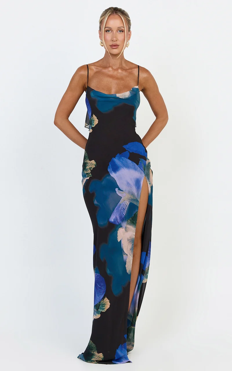 Solara Maxi Dress - Cowl Neck Backless Dress in Midnight Resort Orchid Print