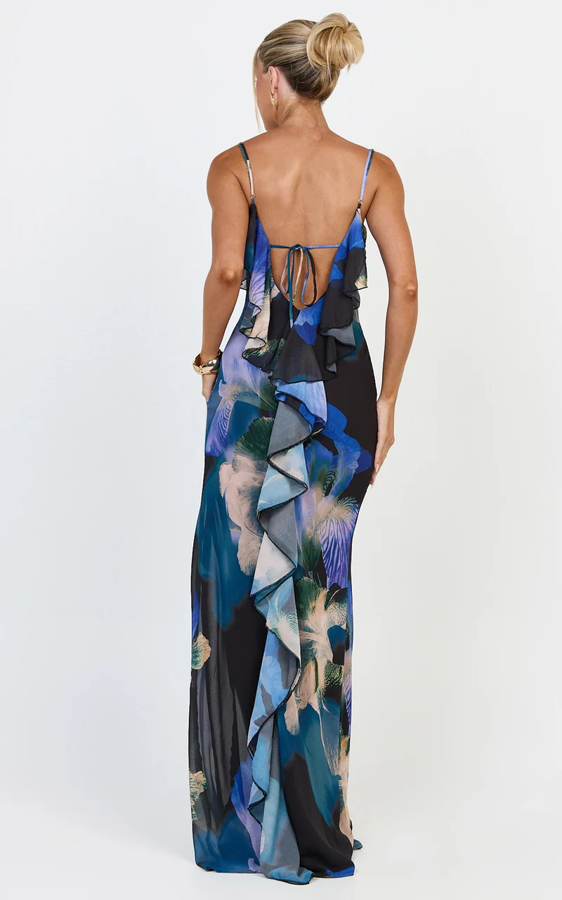 Solara Maxi Dress - Cowl Neck Backless Dress in Midnight Resort Orchid Print