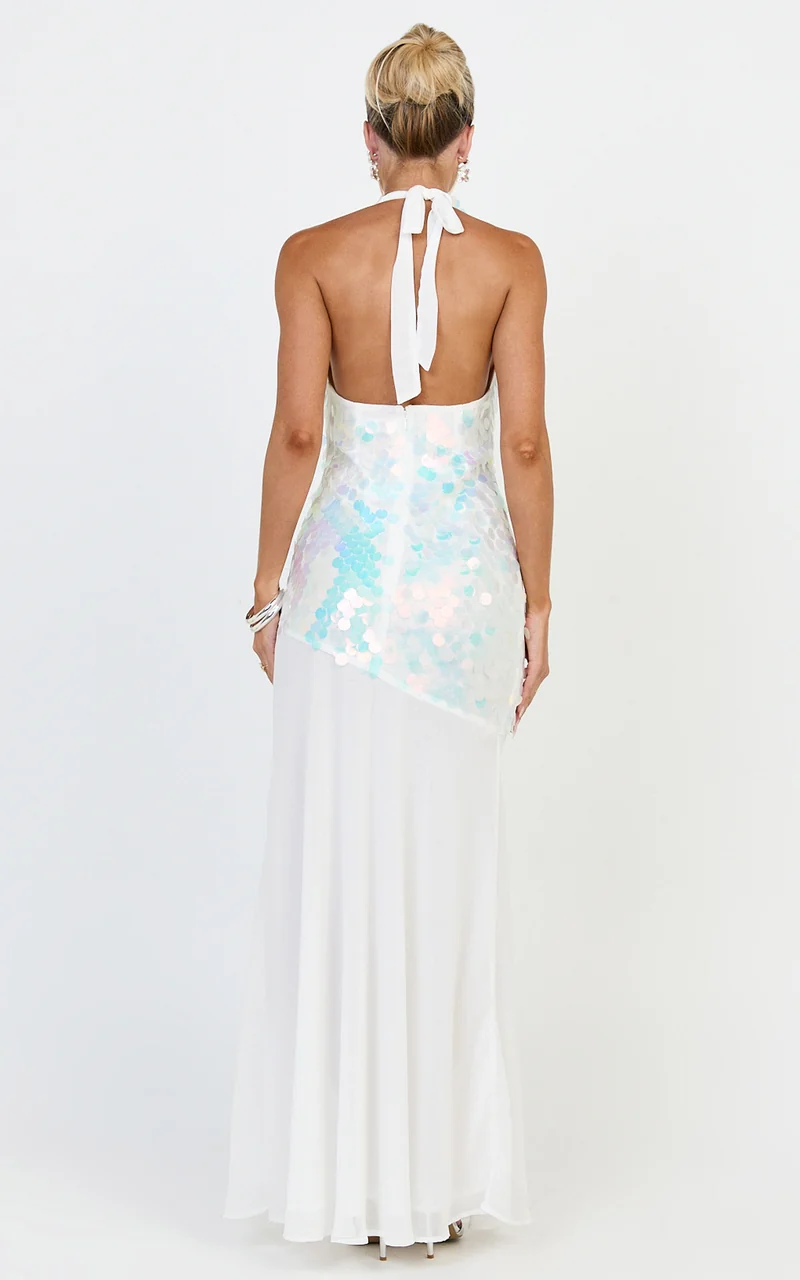 Seville Maxi Dress - Halter Neck Sequin Dress in Iridescent