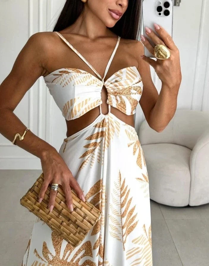 Robe dos nu longue à imprimé tropical