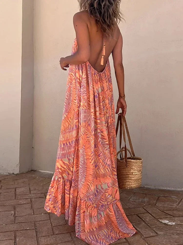 Robe été longue épaules dénudées volantée