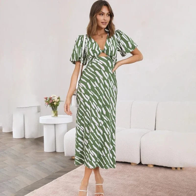 Robe d'été verte bohème midi à manches bouffantes