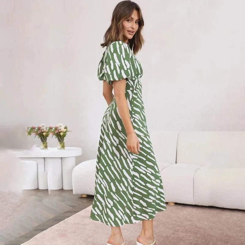 Robe d'été verte bohème midi à manches bouffantes