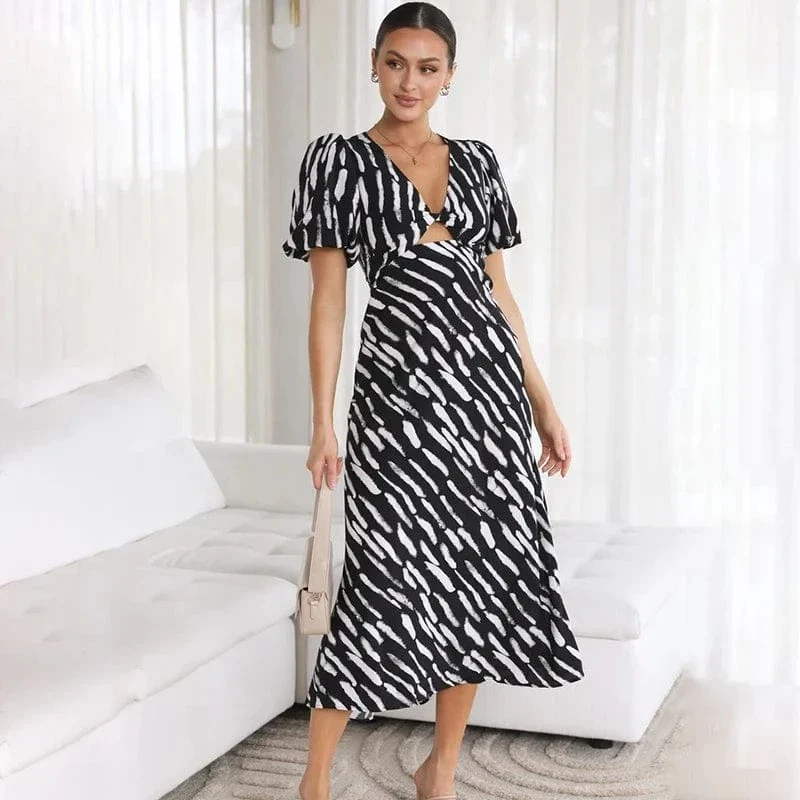 Robe de cocktail midi à motif manches courtes
