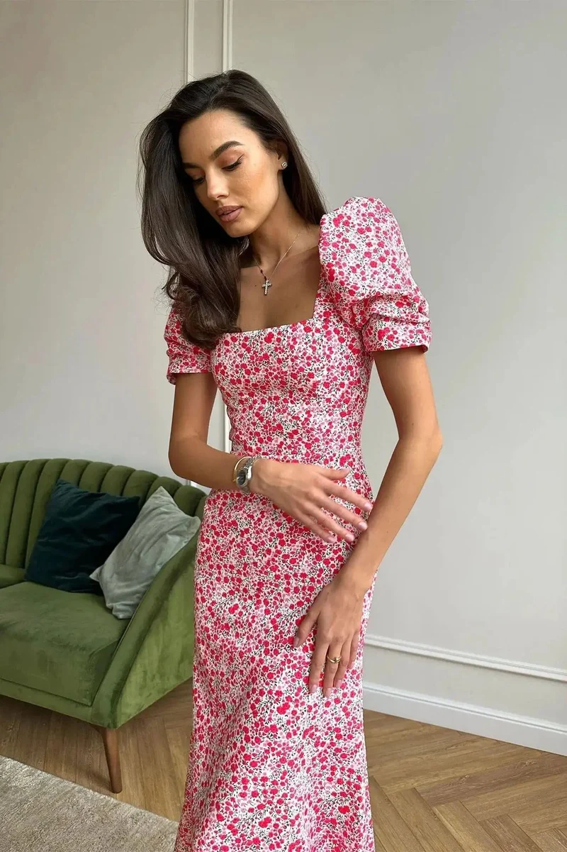 Robe été fleurie midi manches bouffantes