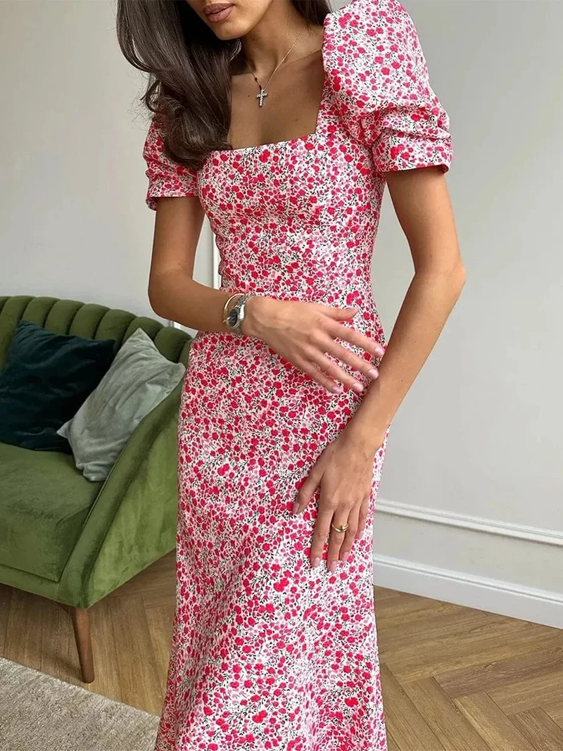 Robe été fleurie midi manches bouffantes