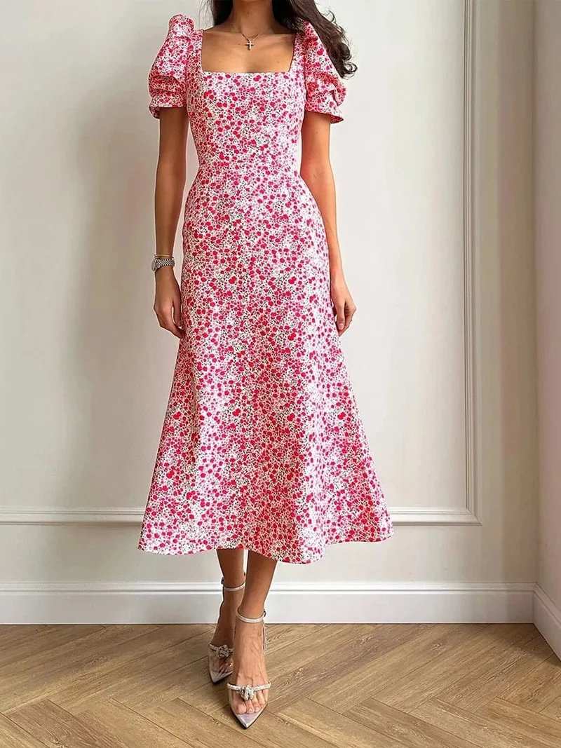 Robe été fleurie midi manches bouffantes