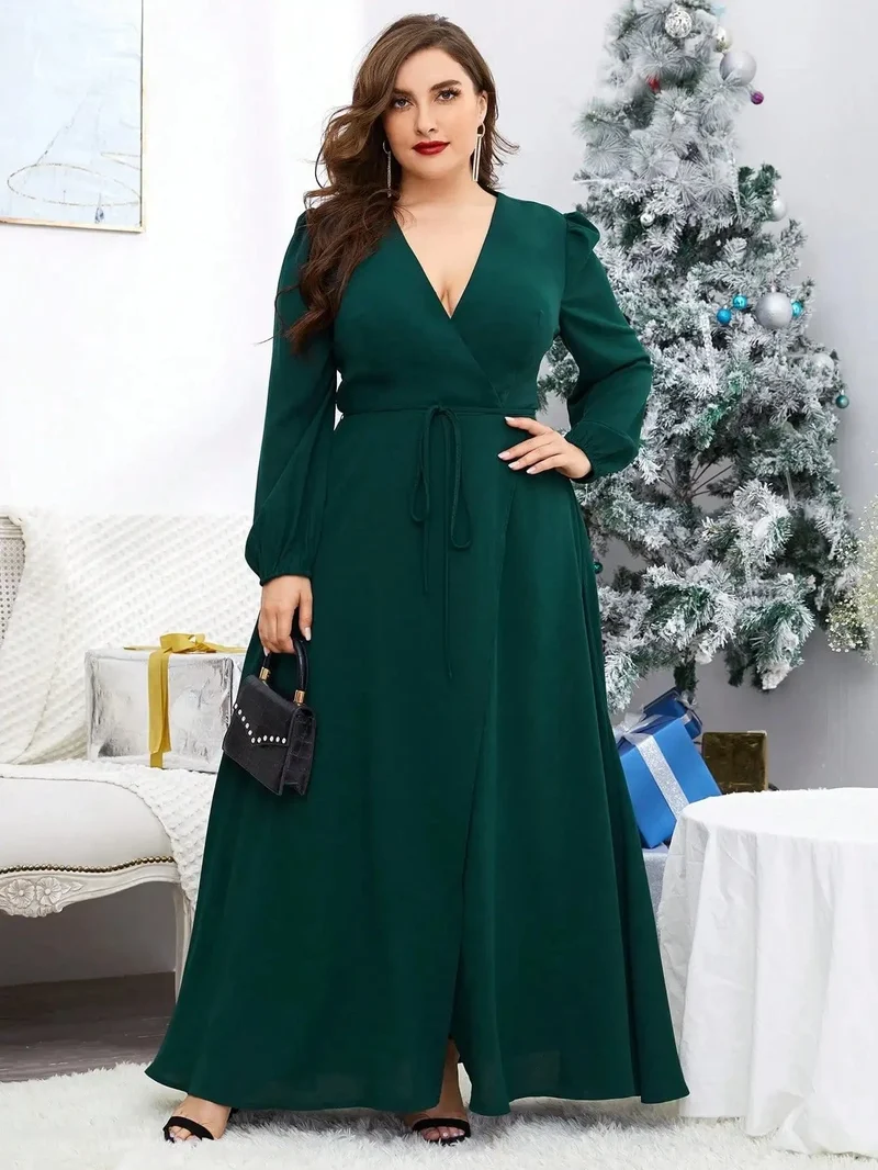Robe de soirée grande taille verte manches longues