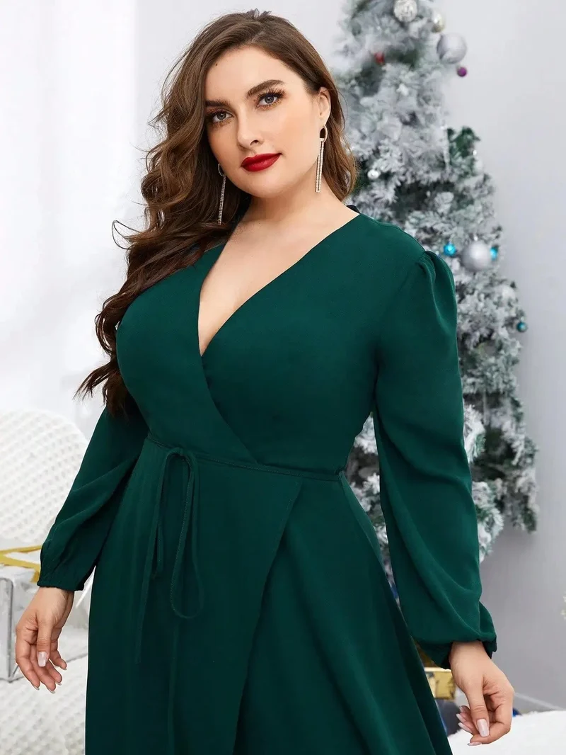 Robe de soirée grande taille verte manches longues