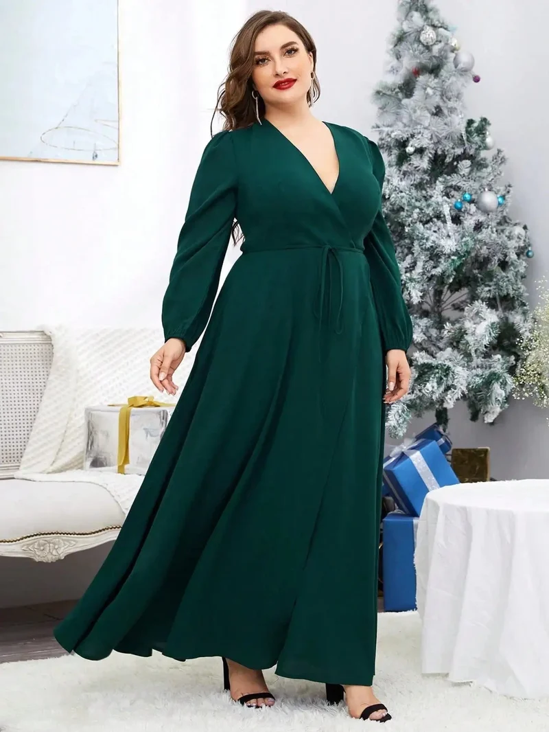 Robe de soirée grande taille verte manches longues