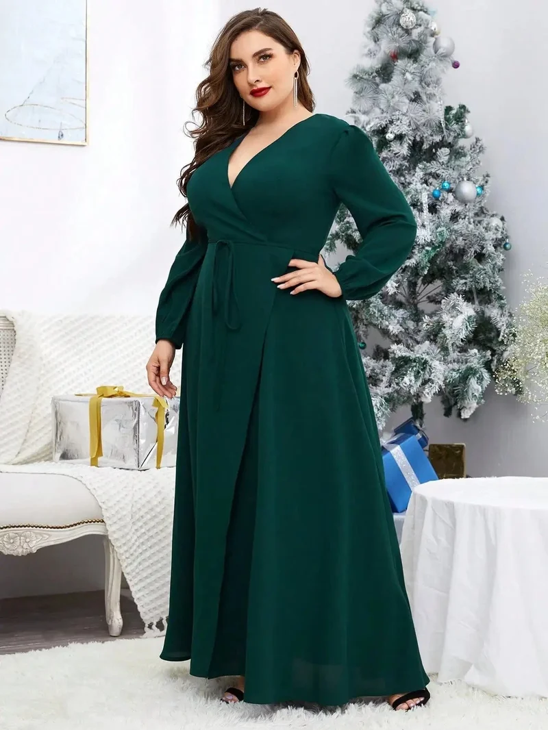 Robe de soirée grande taille verte manches longues