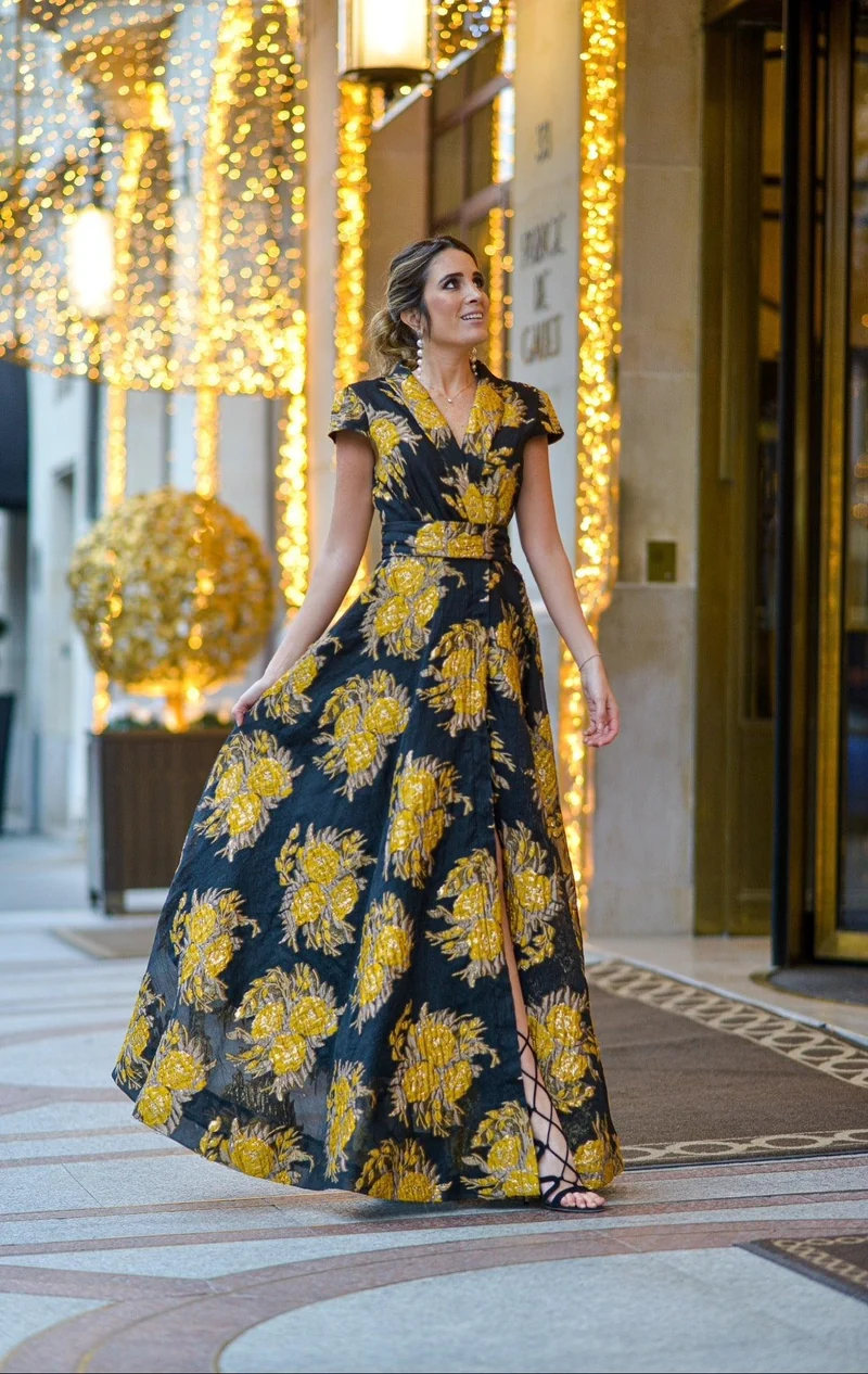 Robe longue en jacquard imprimés fleurs jaunes