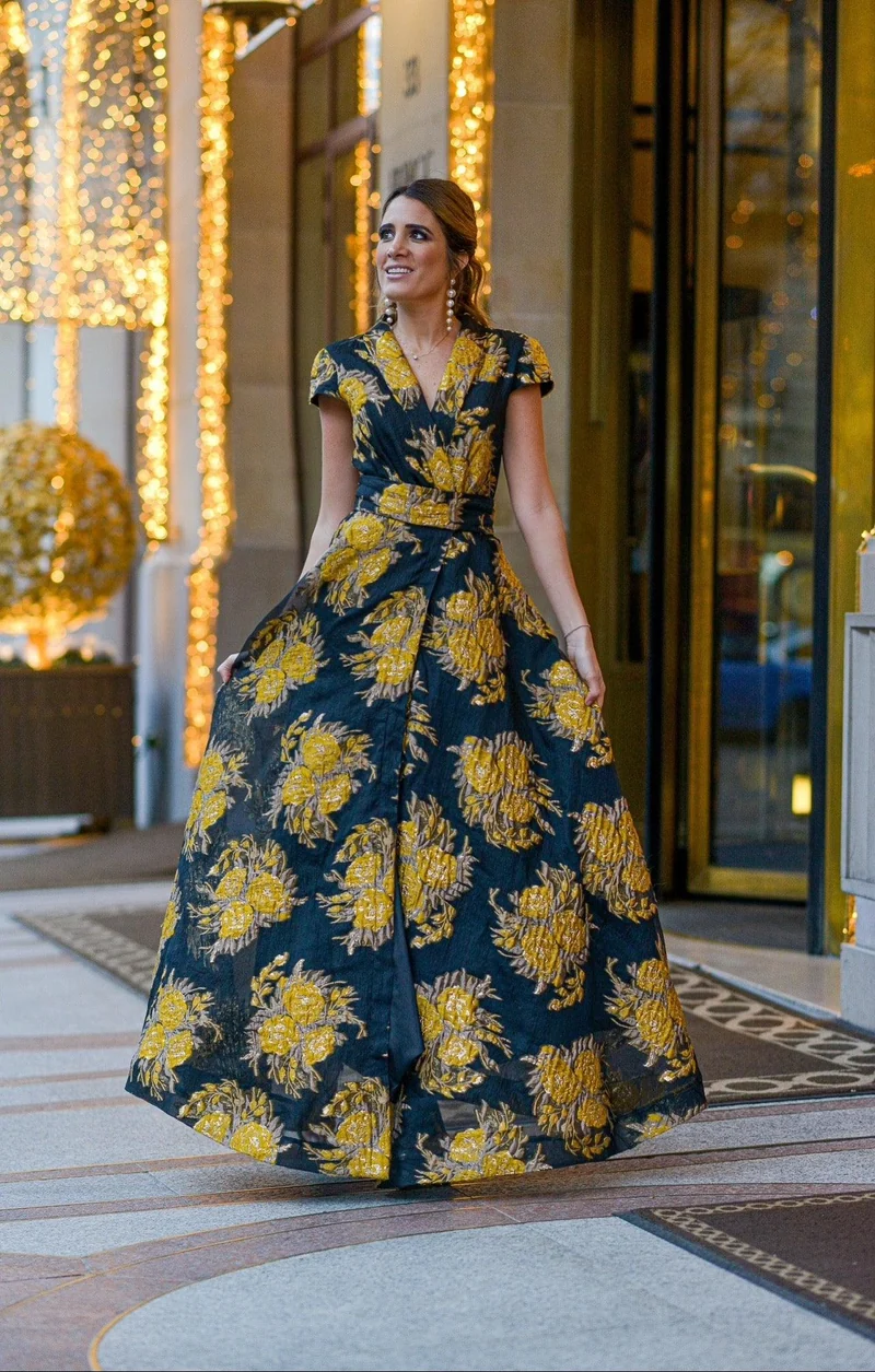 Robe longue en jacquard imprimés fleurs jaunes