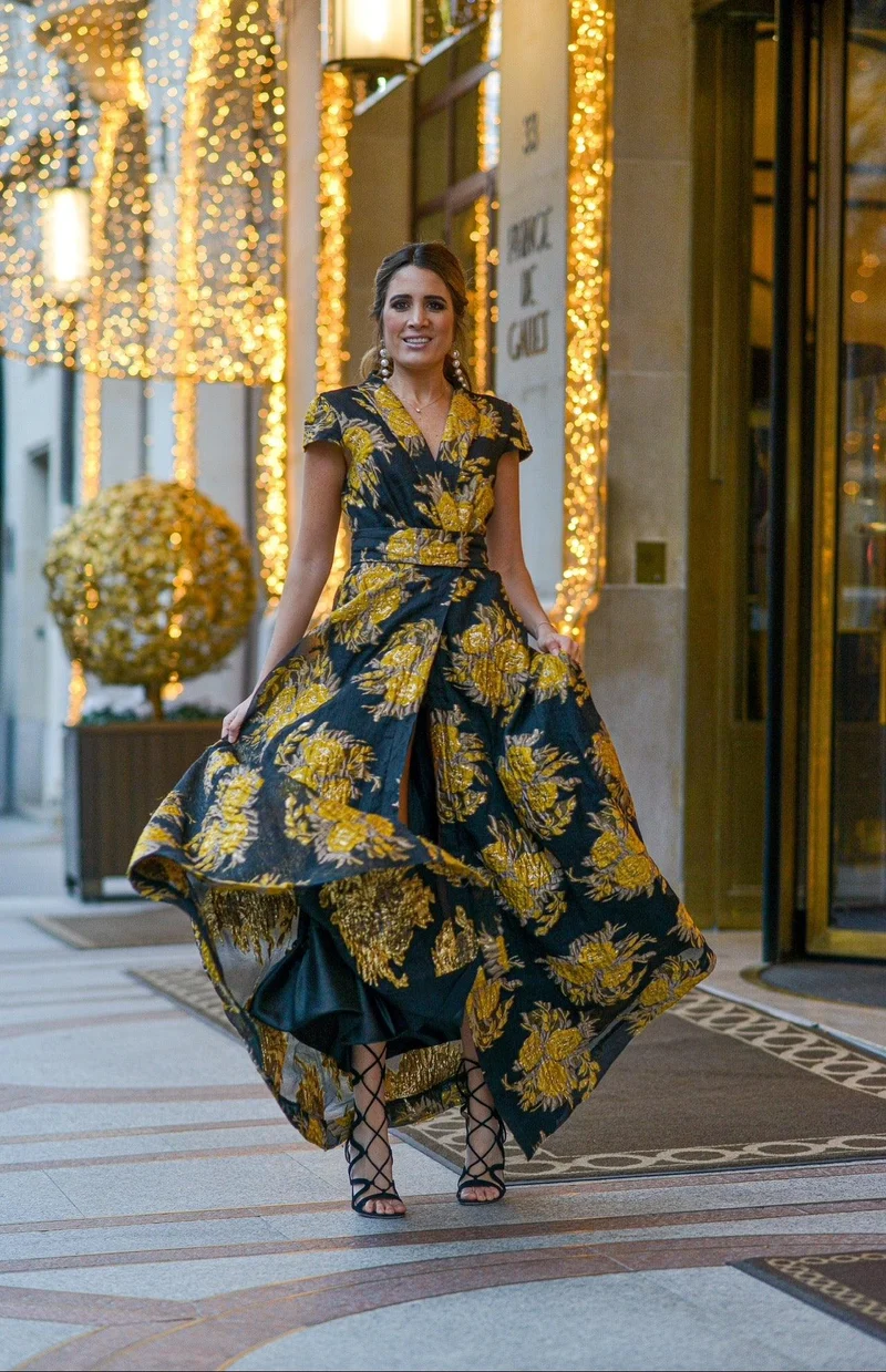Robe longue en jacquard imprimés fleurs jaunes