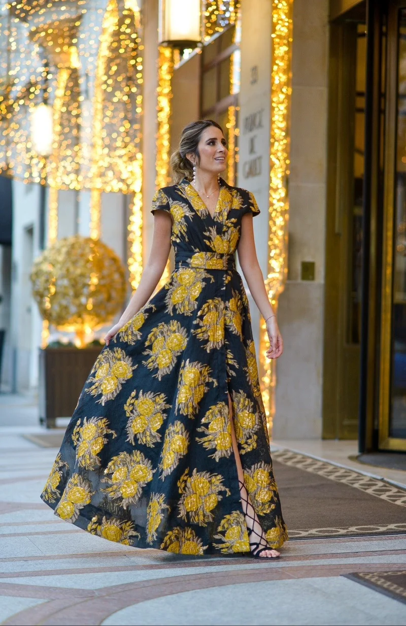Robe longue en jacquard imprimés fleurs jaunes