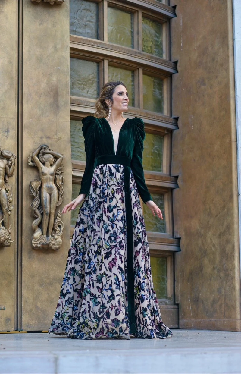 Robe Bridgerton velours à imprimés oiseaux