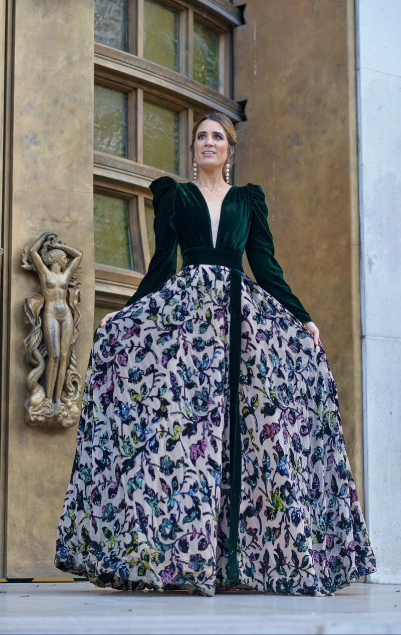 Robe Bridgerton velours à imprimés oiseaux
