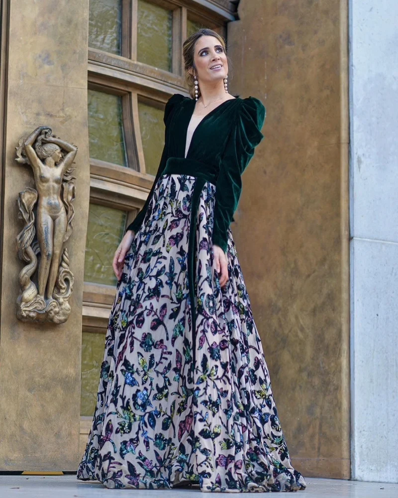 Robe Bridgerton velours à imprimés oiseaux
